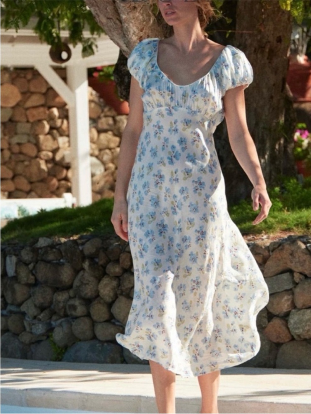 NWOT Doen Florencia Silk Midi Cottagecore Dress In Romantic Blue Floral Medium